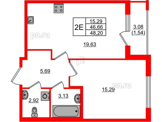 Квартира в ЖК Регенбоген, 1 комнатная, 48.2 м², 2 этаж