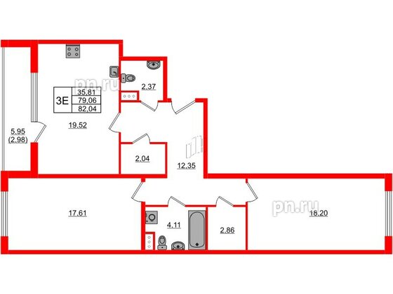 Квартира в ЖК Регенбоген, 2 комнатная, 84.04 м², 3 этаж