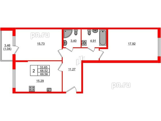 Квартира в ЖК Регенбоген, 2 комнатная, 69.56 м², 2 этаж