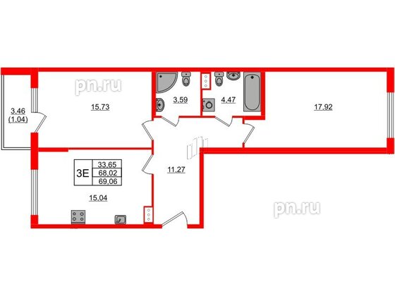 Квартира в ЖК Регенбоген, 2 комнатная, 69.09 м², 3 этаж