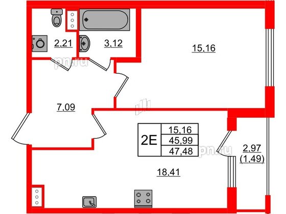 Квартира в ЖК Регенбоген, 1 комнатная, 47.48 м², 3 этаж