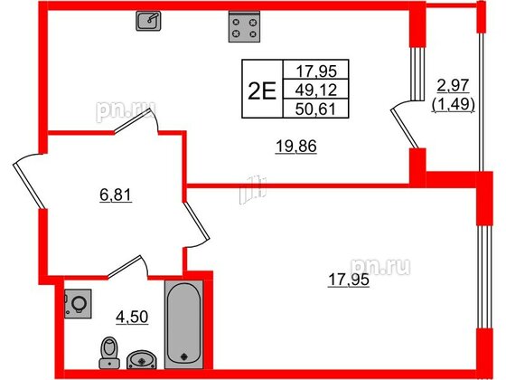 Квартира в ЖК Регенбоген, 1 комнатная, 50.61 м², 2 этаж