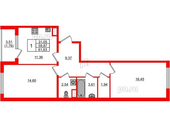 Квартира в ЖК Регенбоген, 2 комнатная, 61.63 м², 5 этаж