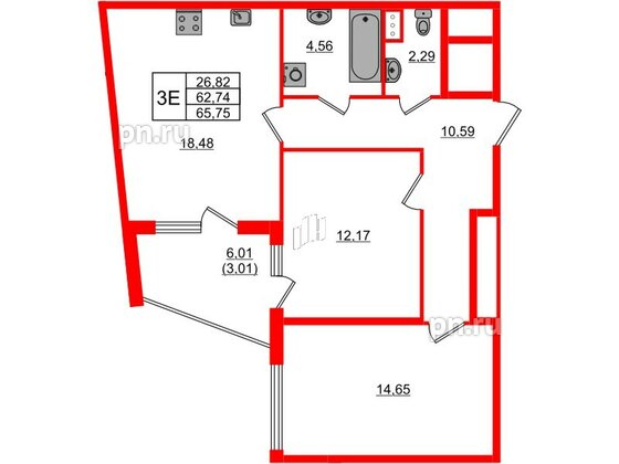 Квартира в ЖК Регенбоген, 2 комнатная, 65.75 м², 3 этаж