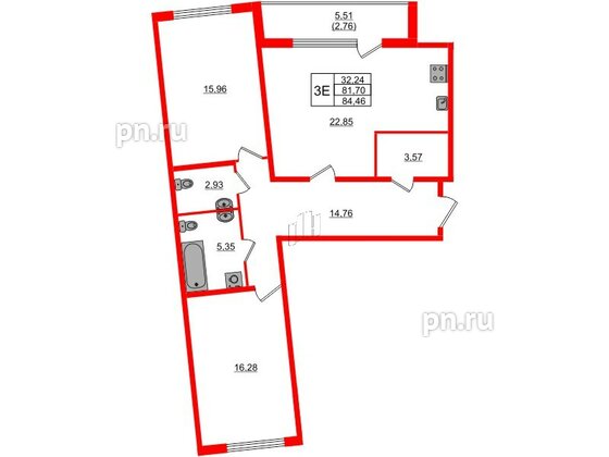 Квартира в ЖК Регенбоген, 2 комнатная, 84.46 м², 2 этаж