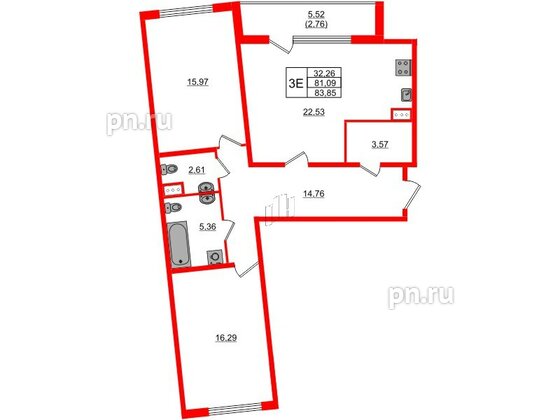 Квартира в ЖК Регенбоген, 2 комнатная, 83.85 м², 3 этаж