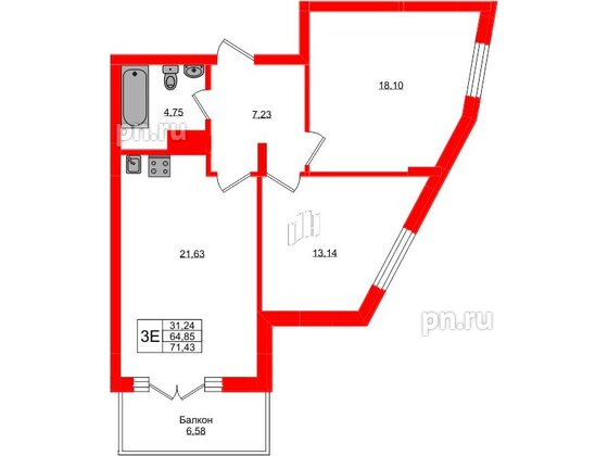 Апартаменты в ЖК «Русь», 2 комнатные, 71.43 м², 1 этаж