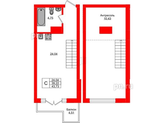 Апартаменты в ЖК «Русь», студия, 43.73 м², 5 этаж