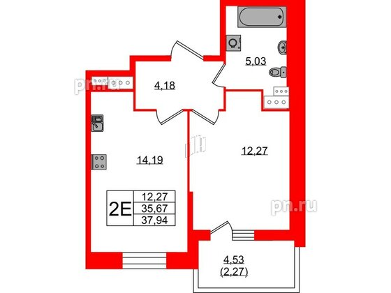 Квартира в ЖК «Аквилон Сторис», 1 комнатная, 37.3 м², 7 этаж