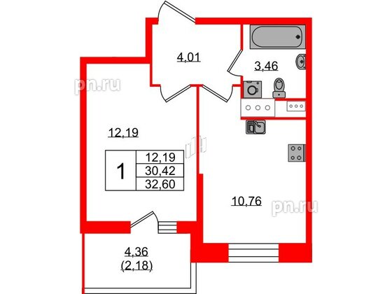 Квартира в ЖК Аквилон Stories, 1 комнатная, 32.6 м², 2 этаж