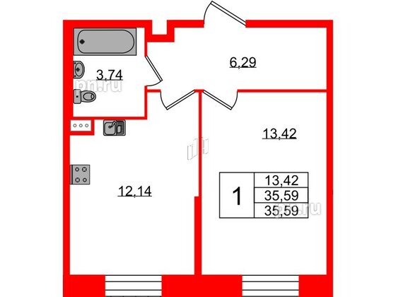 Квартира в ЖК Аквилон Stories, 1 комнатная, 35.59 м², 1 этаж