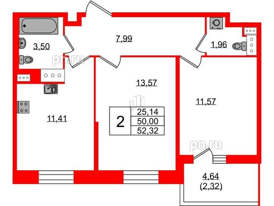 Квартира в ЖК Аквилон Stories, 2 комнатная, 52.32 м², 3 этаж