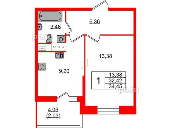 Квартира в ЖК Аквилон Stories, 1 комнатная, 34.45 м², 3 этаж