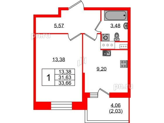 Квартира в ЖК Аквилон Stories, 1 комнатная, 33.66 м², 3 этаж