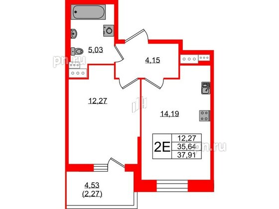 Квартира в ЖК Аквилон Stories, 1 комнатная, 37.91 м², 3 этаж