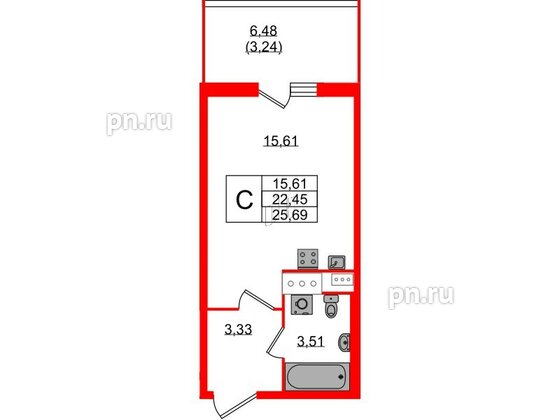 Квартира в ЖК Аквилон Stories, студия, 25.69 м², 7 этаж