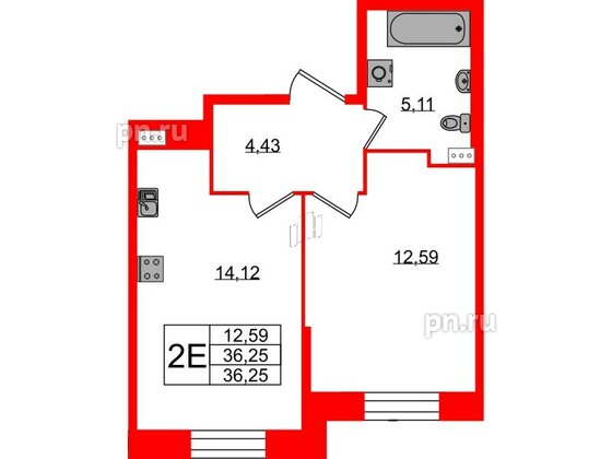 Квартира в ЖК Аквилон Stories, 1 комнатная, 36.25 м², 1 этаж