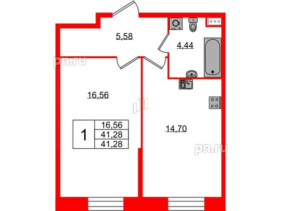 Квартира в ЖК Аквилон Stories, 1 комнатная, 41.28 м², 1 этаж