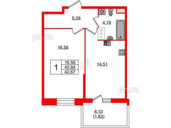 Квартира в ЖК Аквилон Stories, 1 комнатная, 42.67 м², 4 этаж