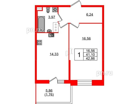 Квартира в ЖК Аквилон Stories, 1 комнатная, 42.86 м², 3 этаж