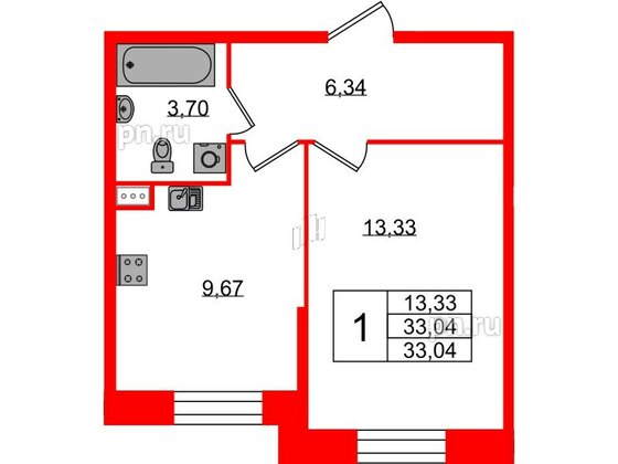 Квартира в ЖК Аквилон Stories, 1 комнатная, 33.04 м², 1 этаж