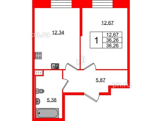 Квартира в ЖК Аквилон Stories, 1 комнатная, 36.26 м², 1 этаж