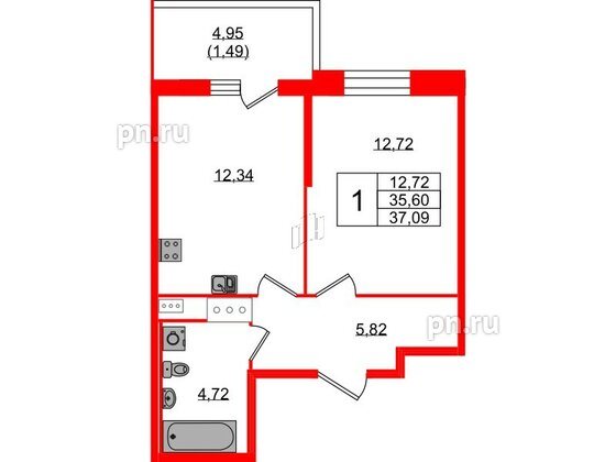 Квартира в ЖК Аквилон Stories, 1 комнатная, 37.09 м², 2 этаж