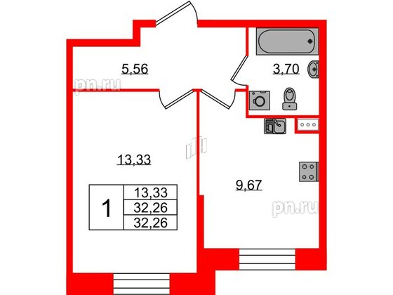 Квартира в ЖК Аквилон Stories, 1 комнатная, 32.26 м², 1 этаж