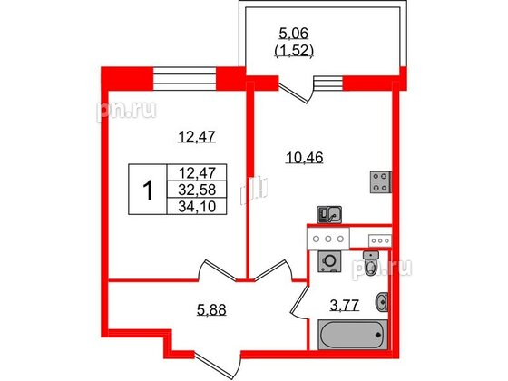 Квартира в ЖК Аквилон Stories, 1 комнатная, 34.1 м², 10 этаж