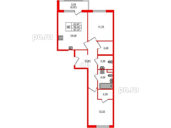 Квартира в ЖК Регенбоген, 2 комнатная, 67.37 м², 4 этаж