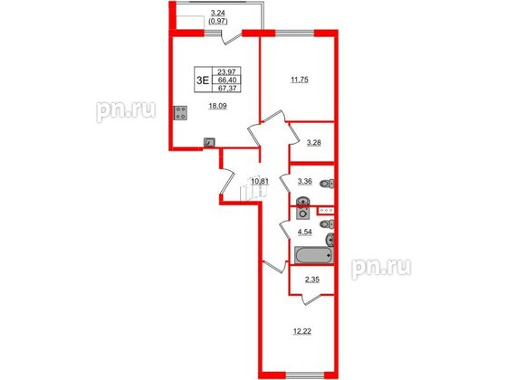 Квартира в ЖК Регенбоген, 2 комнатная, 67.37 м², 6 этаж