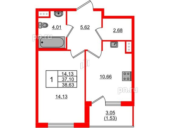 Квартира в ЖК Регенбоген, 1 комнатная, 38.63 м², 4 этаж