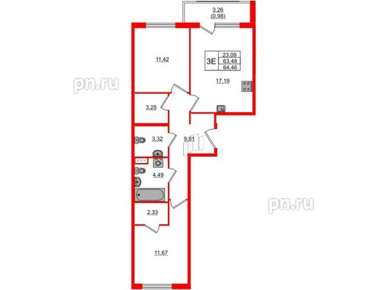 Квартира в ЖК Регенбоген, 2 комнатная, 64.46 м², 5 этаж