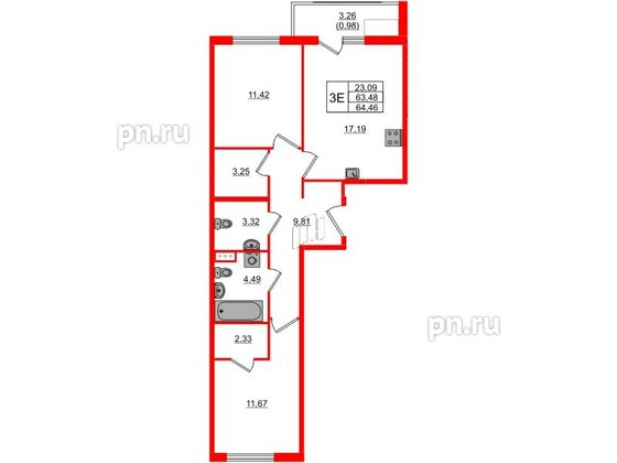 Квартира в ЖК Регенбоген, 2 комнатная, 64.46 м², 6 этаж