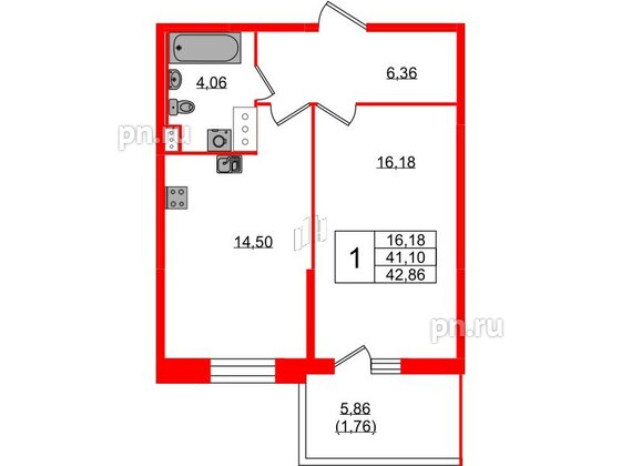 Квартира в ЖК Аквилон Stories, 1 комнатная, 42.86 м², 3 этаж