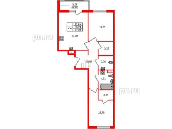 Квартира в ЖК Регенбоген, 2 комнатная, 67.21 м², 6 этаж