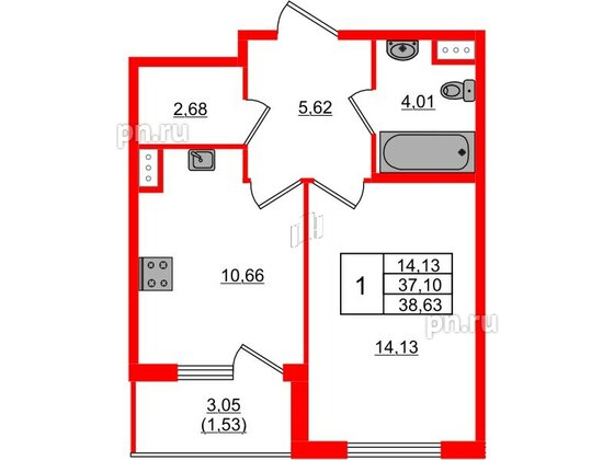 Квартира в ЖК Регенбоген, 1 комнатная, 38.63 м², 3 этаж