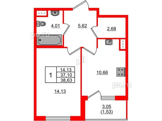 Квартира в ЖК Регенбоген, 1 комнатная, 38.63 м², 4 этаж