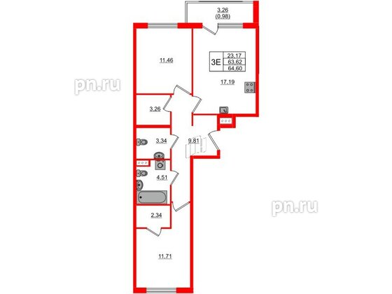 Квартира в ЖК Регенбоген, 2 комнатная, 64.6 м², 4 этаж