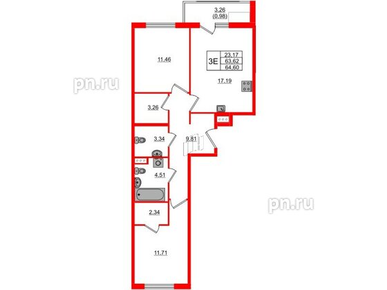 Квартира в ЖК Регенбоген, 2 комнатная, 64.6 м², 6 этаж