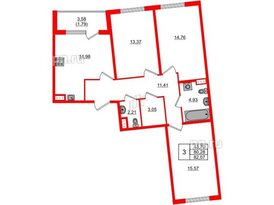 Квартира в ЖК Регенбоген, 3 комнатная, 82.07 м², 3 этаж