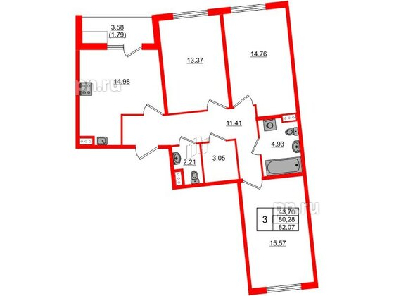 Квартира в ЖК Регенбоген, 3 комнатная, 82.07 м², 6 этаж