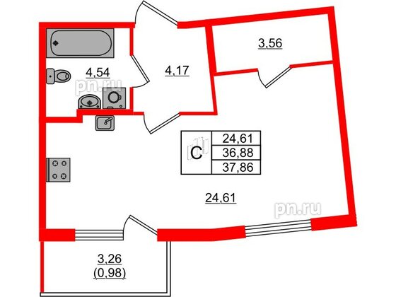 Квартира в ЖК Регенбоген, студия, 37.86 м², 2 этаж