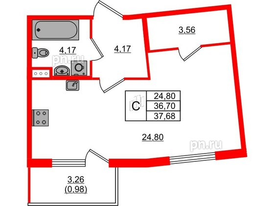 Квартира в ЖК Регенбоген, студия, 37.68 м², 3 этаж