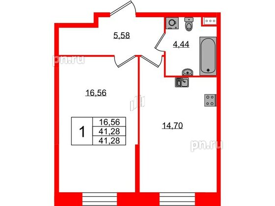 Квартира в ЖК Аквилон Stories, 1 комнатная, 41.28 м², 1 этаж