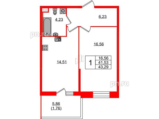 Квартира в ЖК Аквилон Stories, 1 комнатная, 43.29 м², 1 этаж