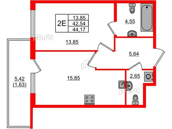 Квартира в ЖК Регенбоген, 1 комнатная, 44.17 м², 2 этаж