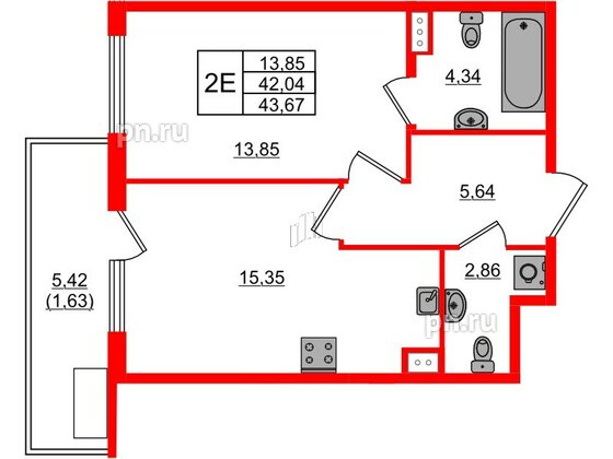 Квартира в ЖК Регенбоген, 1 комнатная, 43.67 м², 6 этаж