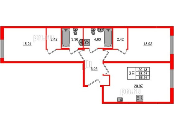 Квартира в ЖК Регенбоген, 2 комнатная, 68.98 м², 1 этаж