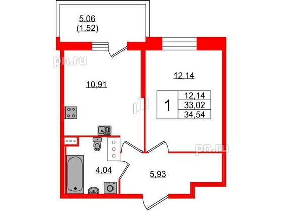 Квартира в ЖК «Аквилон Сторис», 1 комнатная, 34.2 м², 11 этаж